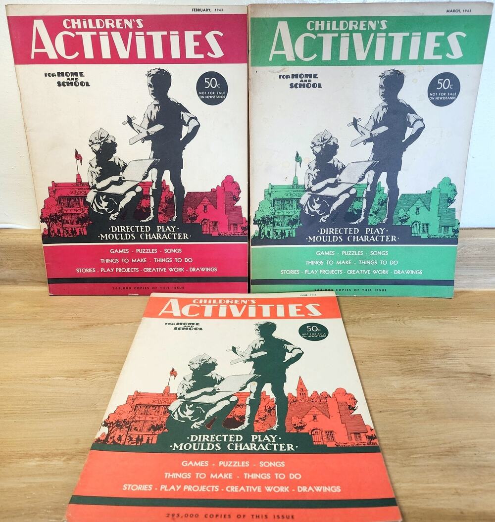3 Vintage 1943 Children's Activities For Home & School Magazine Lot Ephemera